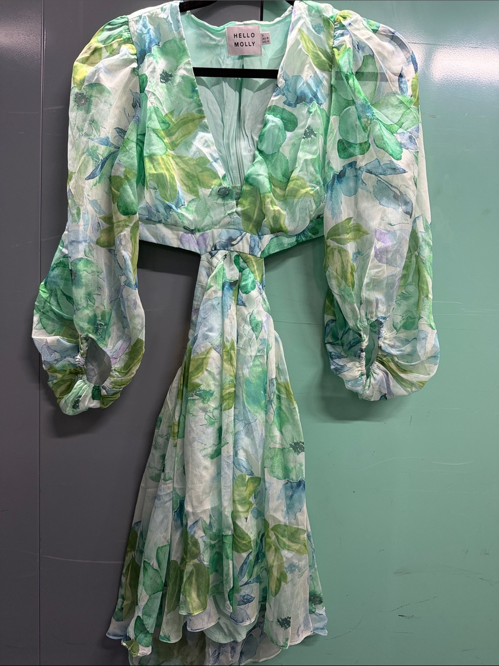 Hello Molly Green and Blue Watercolor Tie-Front Women’s Midi Dress